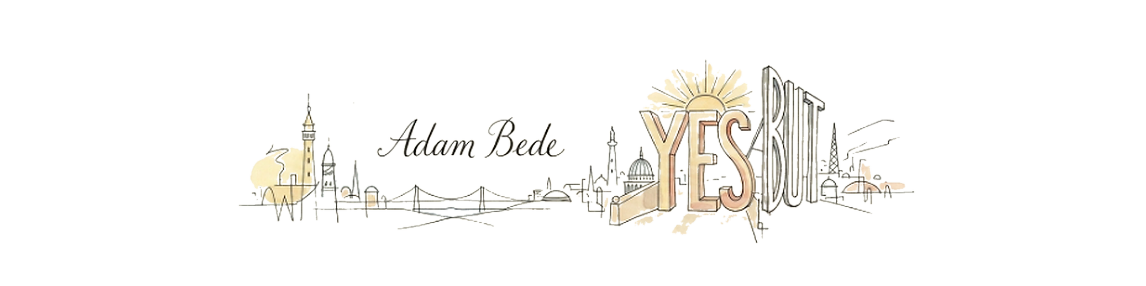 Watercolor skyline with hand-lettered 'Adam Bede' and 'YES BUT'
